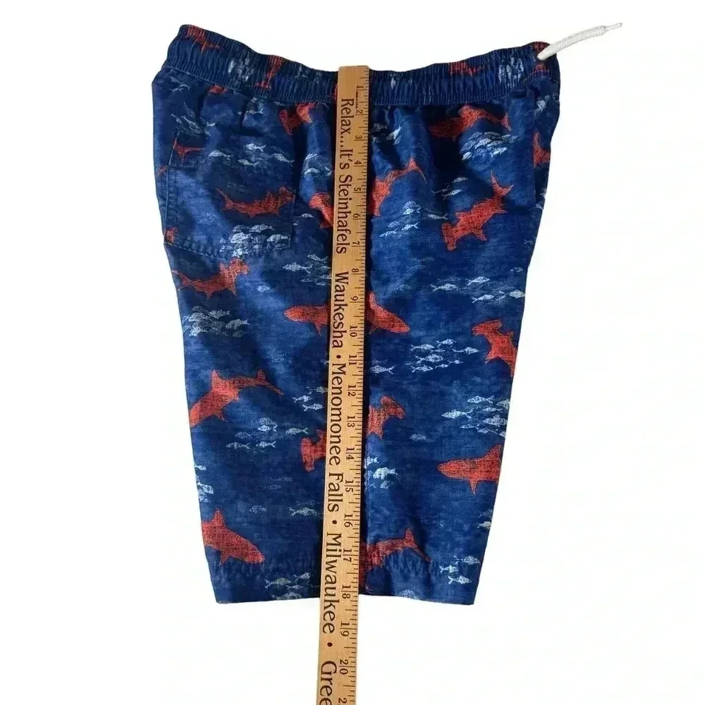 Land's End Boys Size L 14-16 Swimsuits Swim Shorts Trunks Blue Shark Drawstring